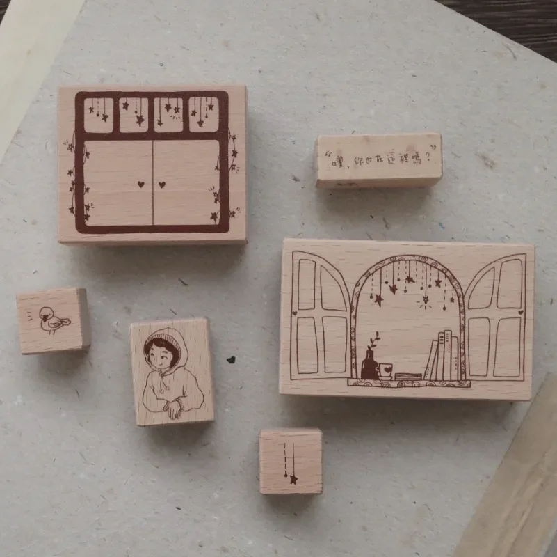 Niesamowita sceneria wewnątrz i na zewnątrz okna Drewniane pieczątki DIY do dziennika Materiał kolażowy Scrapbooking Drewniana pieczęć