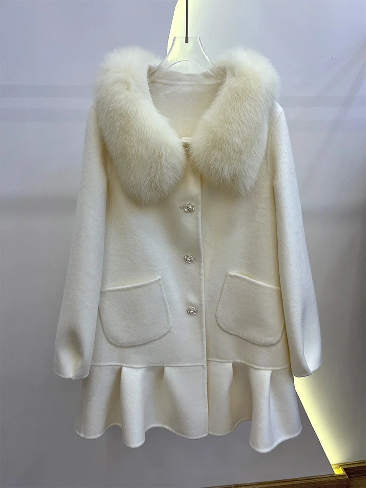 2025年ファッション レディース カシミヤ ウール ウールコート 冬用ジャケット 天然リアルフォックスファー襟 レディース アウター ストリートウェア