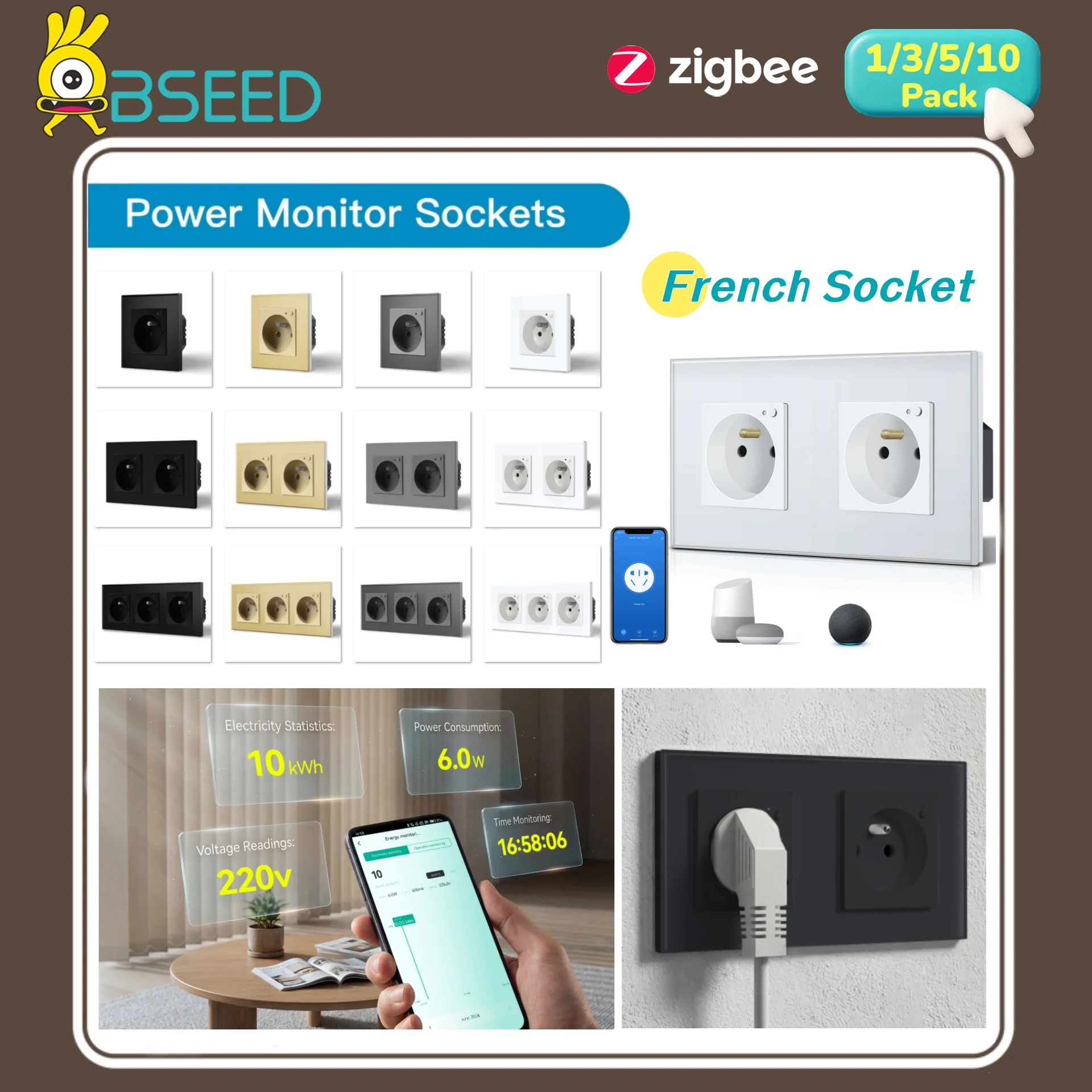 BSEED Energy Monitor French ZigBee Wall Sockets Double Smart Meter Sockets Smart Life App Control Poland Triple Wall Sockets