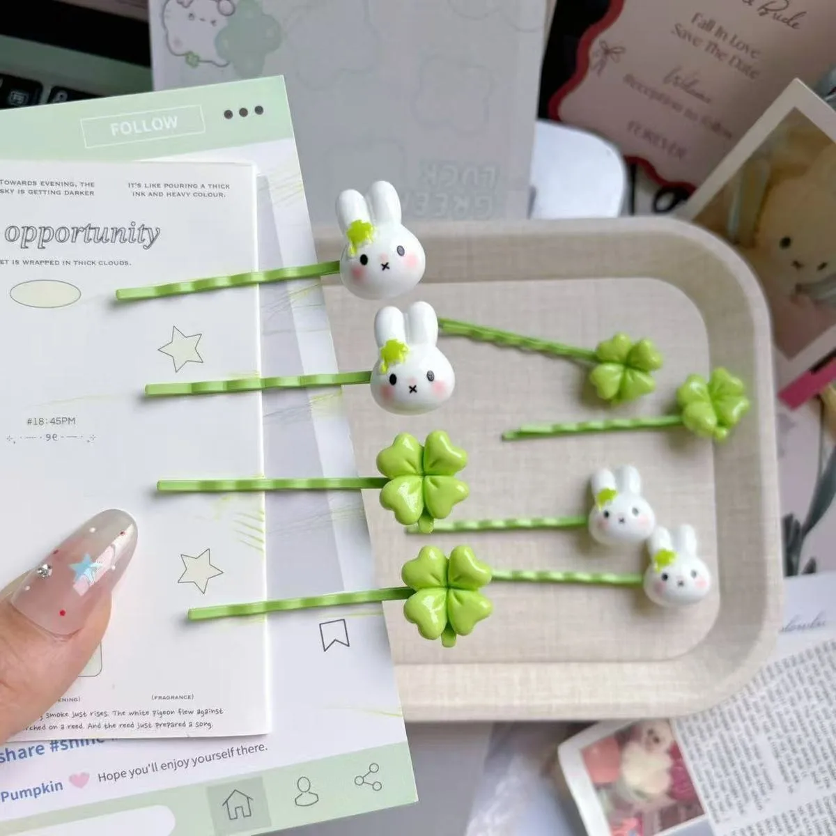 Kawaii Miffy Rabbit Resin Hairpin Style Mini Four Leaf Clover Hair Pins Sweet Cute Hair Accessories Perfect Gift for Women Girls