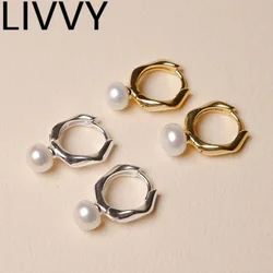 LIVVY Silver Color Hoop Earrings Charm Women Trendy Elegant Simple Ear Buckle Pearl Earrings Bride Wedding Jewelry