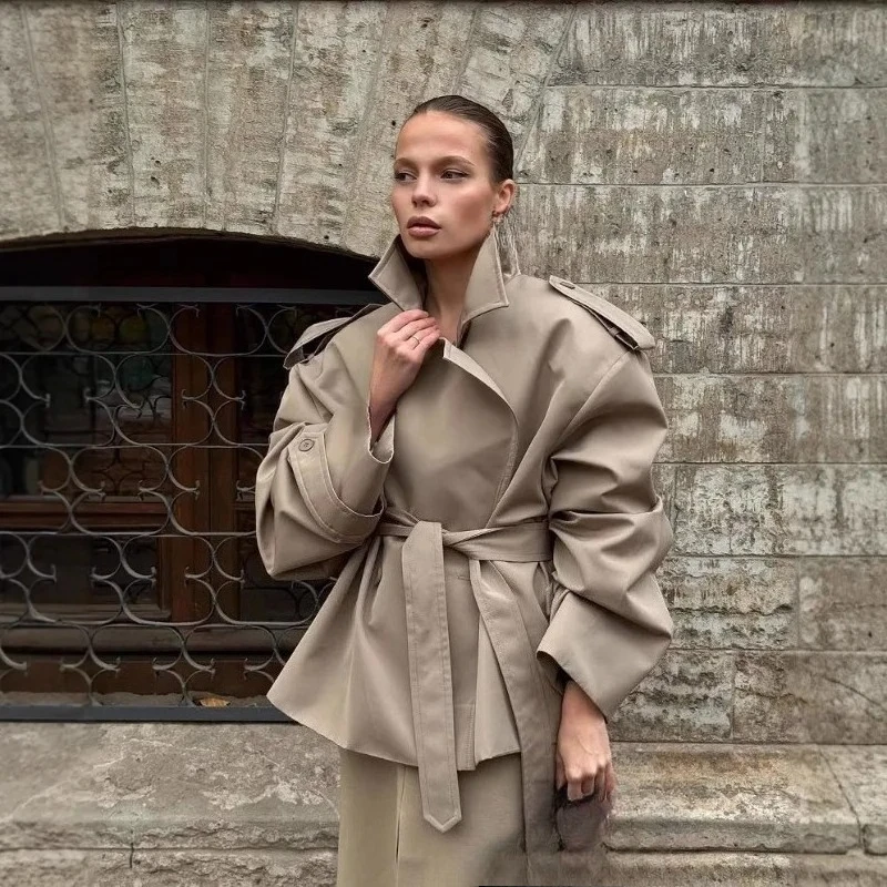 

Flip Collar Long Sleeves Jacket European American Fashion Elegant High-end Trench Autumn Winter Beam Waist Windproof Jacket