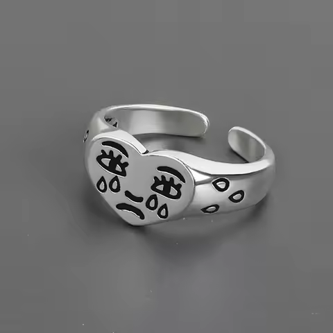 Punk Simple Silver Color Fashion Retro Hollow Smiling Face Open Size Ring For Women Girl Jewelry Gifts 2025 Trendy