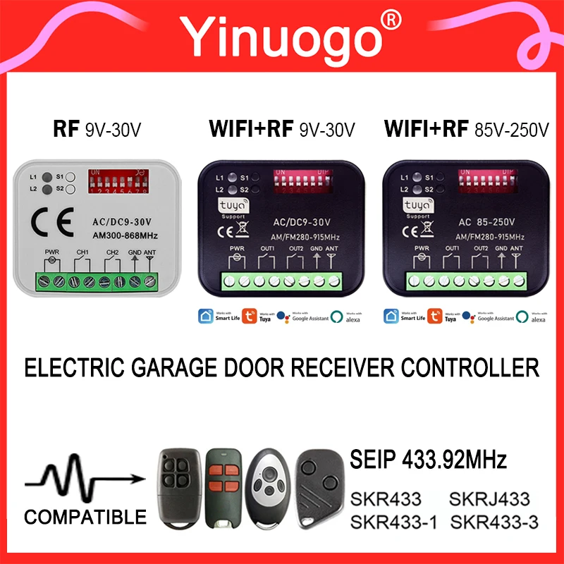 

TUYA RX-MULTI Garage Door Receiver 9-30V 85-250V 2CH For SEIP SKR433 SKRJ433 SKR433-1 SKR433-3 433.92MHz Gate Remote Control