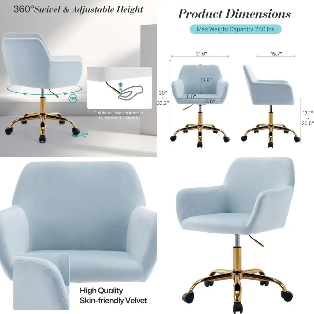 

Modern Velvet & Light Blue 360° Swivel Desk Chair, Adjustable Height Office Armchair with Golden Base for Teens & Women