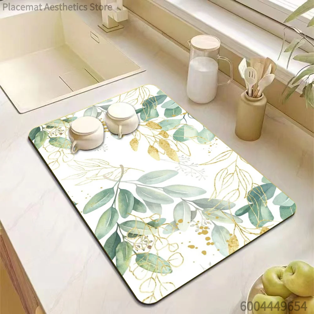 Watercolor Eucalyptus Leaves Print Super Absorbent Drying Mat Waterproof Kitchen Counter Tableware Drain Pad Decor Placemat