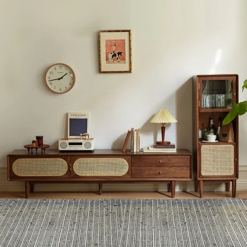 

Simple Black Walnut Rattan Floor Cabinet Light Luxury Small Apartment Living Room Storage Cabinet