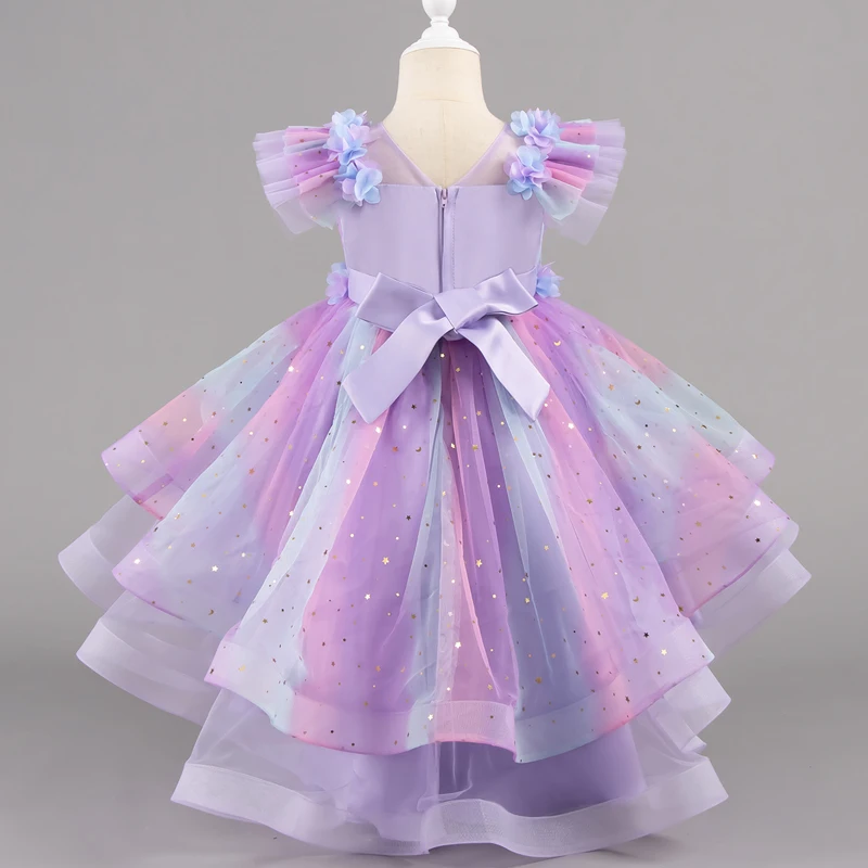 Fashion Purple Dress for Girls Mesh Princess Costume for Girls Summer New Kids Flower Girl Dresses for Weddings 3-10 Years
