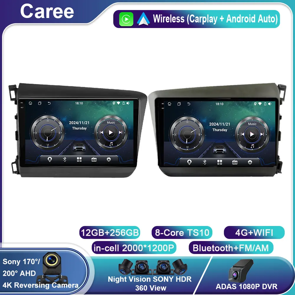 

For Honda Civic 2011-2013 2014 2015 Android 13 WIFI Car Radio Multimedia Video Stereo WIFI 4G Player Navigation CarPlay No 2din