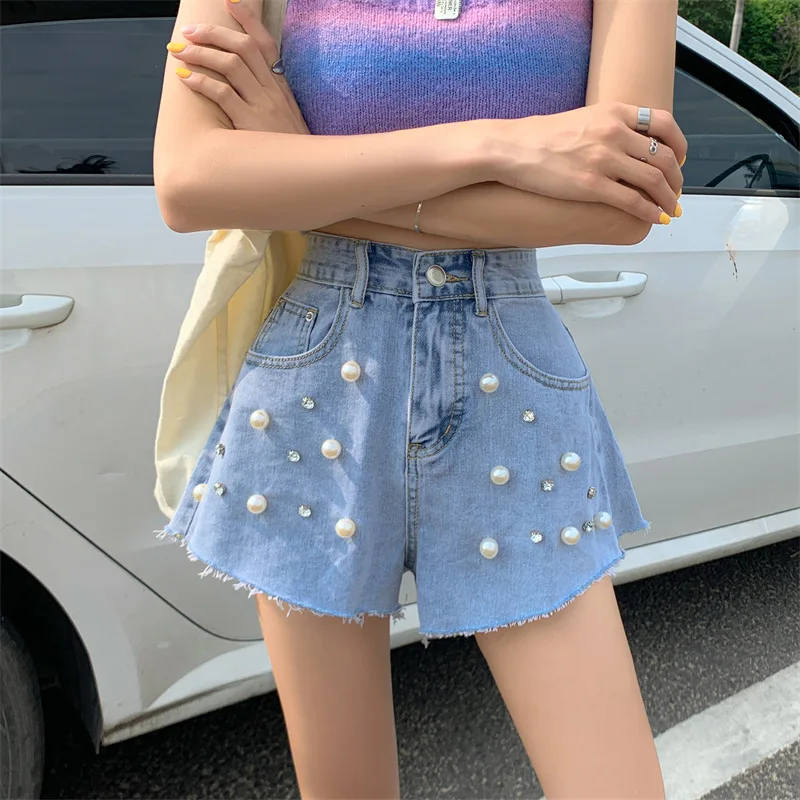 Fashion Wide Leg Pants Women Summer Korean Version of High Waist Slimming Casual Beaded Pants Denim Shorts Vintage Streetwear