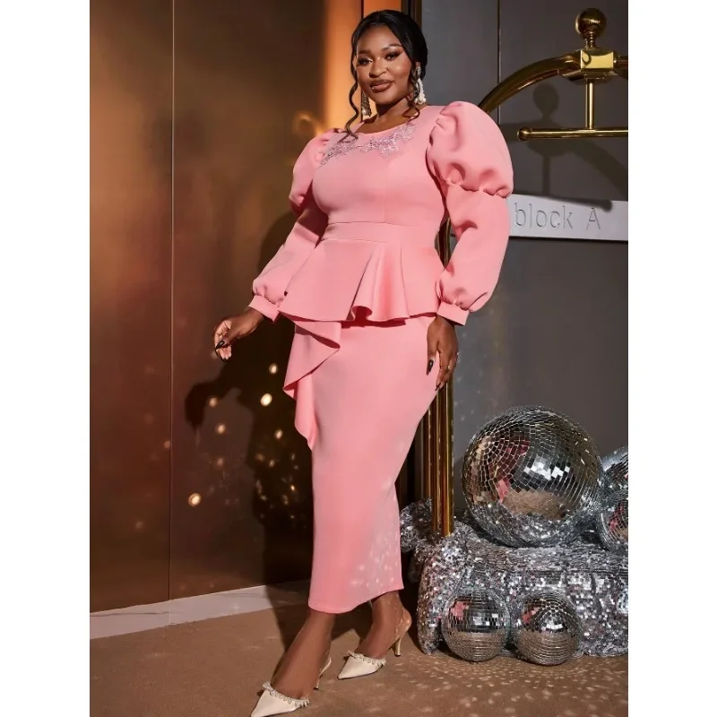 女性用エレガントなピンクのイブニングパーティードレス、Oネック、アップリケ、ロングパフスリーブ、ハイウエスト、ボディコン、誕生日、プロム、クリスマスイベント用ローブ