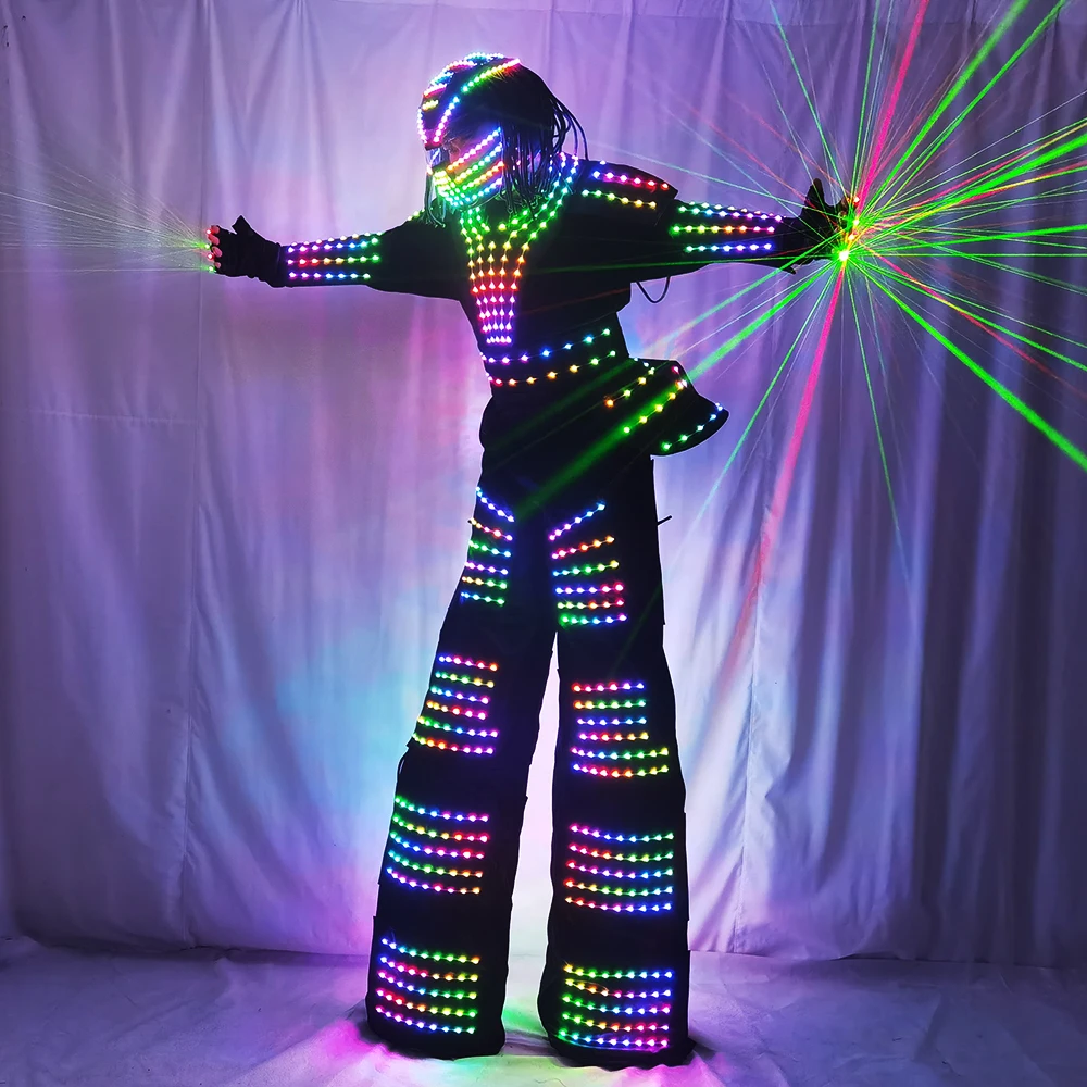 LED Robot Costume David Guetta Suit Silver White Leather Stilts Walker Costume With Laser Gloves Helmet Amosphere Prop