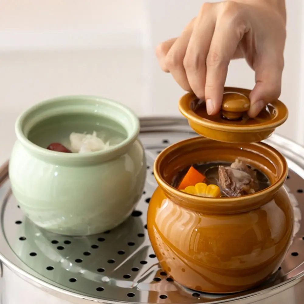 350ml/400ml Ceramic Stew Pot Large Capacity Thickened Lidded Stewing Bowl with Lid Mini Porcelain Steaming Pot Restaurant