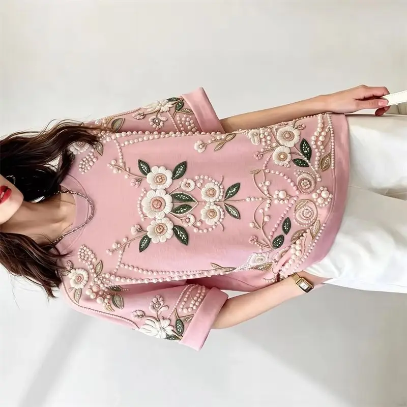 Fashion Heavy Industry Nail Beads Embroidery T-shirt Man Women T-shirt Blouse 2026 New Summer Printed Short Sleeved T-shirt Top