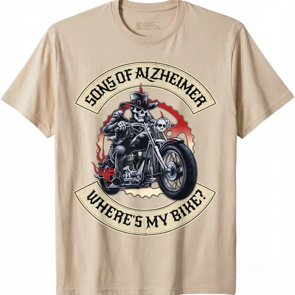 2026 New Men's Alzheimer's Awareness Biker Graphic Son of Alzheimer's Where's My Bike? Motorcycle Design Short Sleeve Tee