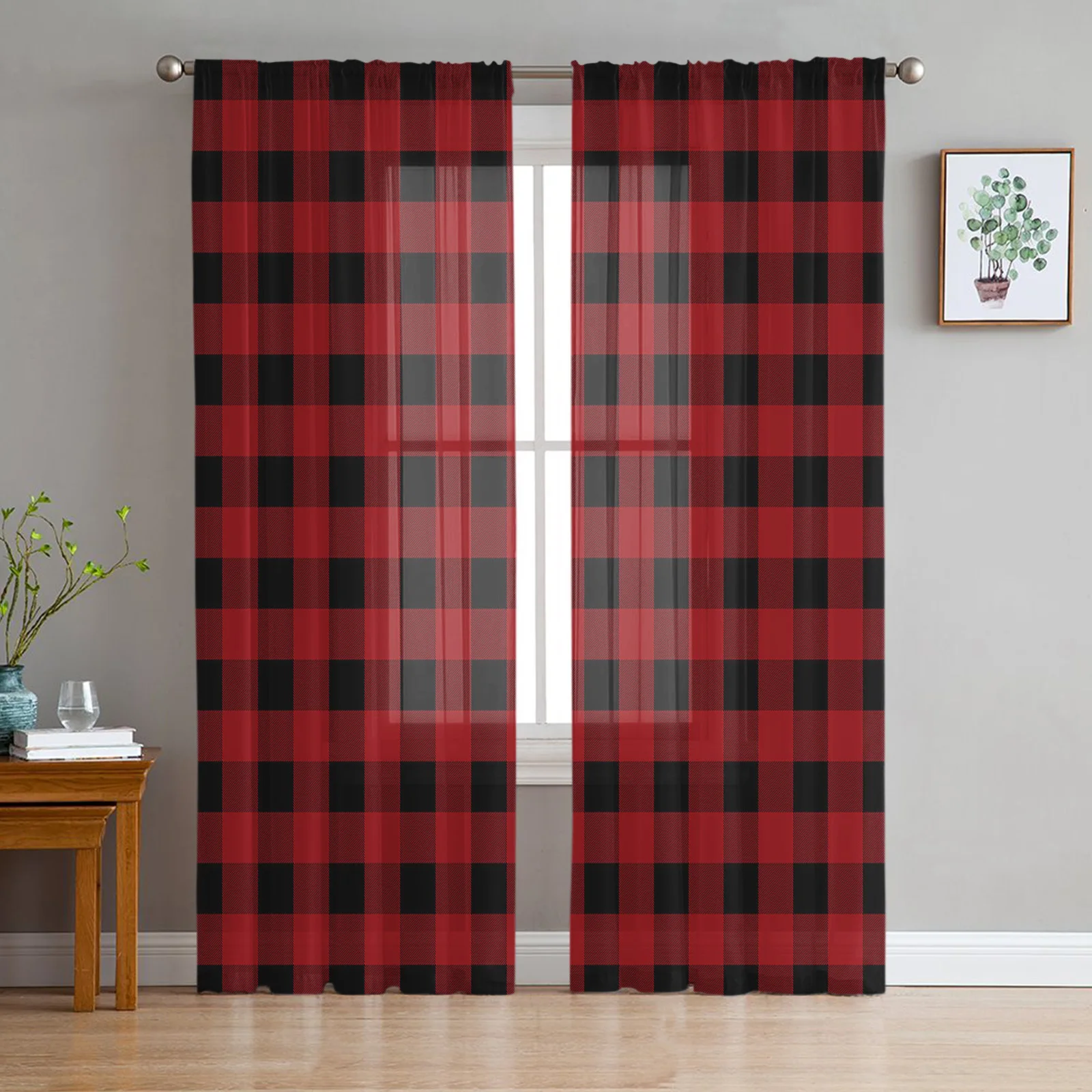 

Pastoral Style Black And Red Plaid Tulle Voile Curtains For Bedroom Window Curtain For Living Room Sheer Curtains Organza Drapes