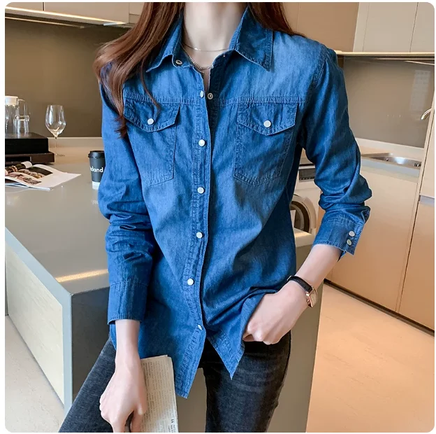Slim Fit Long Sleeve Denim Shirt Women's Style 2026 New Korean Version Thin Outerwear Vintage Shirt Female Fashion Autumn Col...
