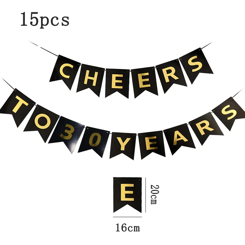 1 Set Cheers To 18 30 40 50 60th Years Black Stamped Paper Banner Adult Happy Birthday Anniversary Party Decoration Supplies