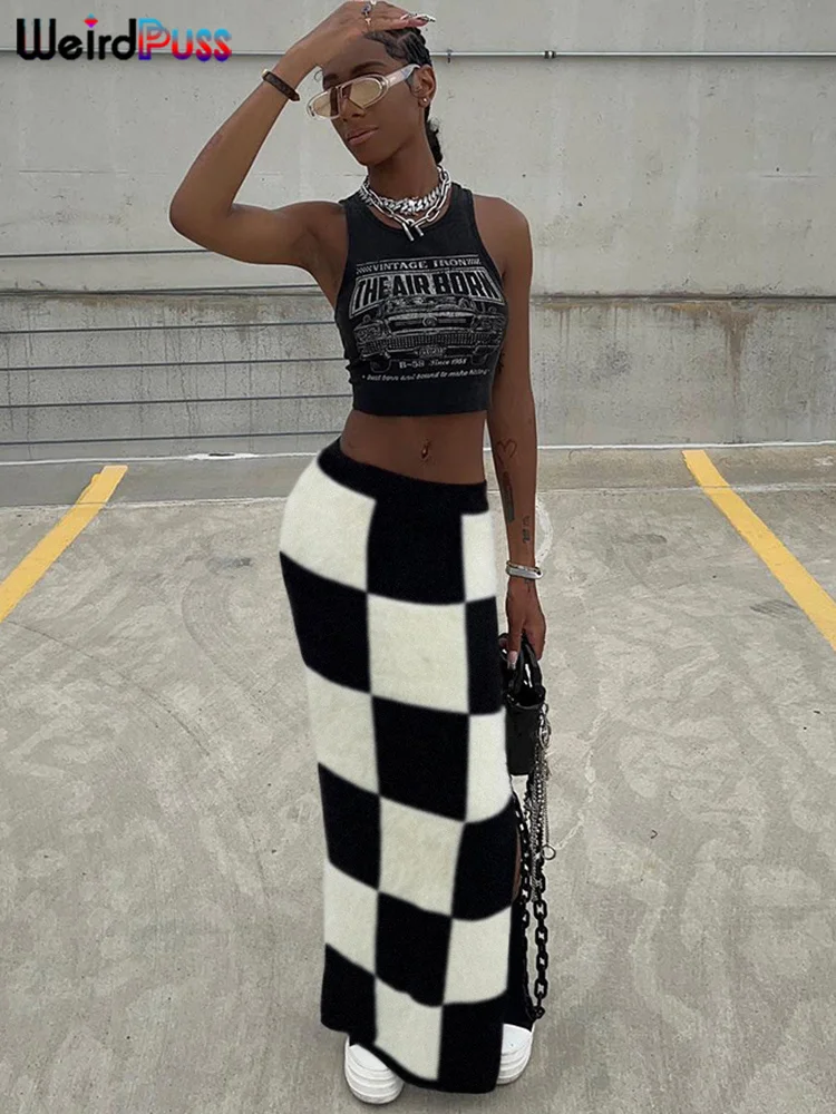 Weird Puss Y2K Checkerboard Women Skirts Knit Side Split Skinny Vintage Fashion Wild Streetwear High Waist Maxi Straight Skirt