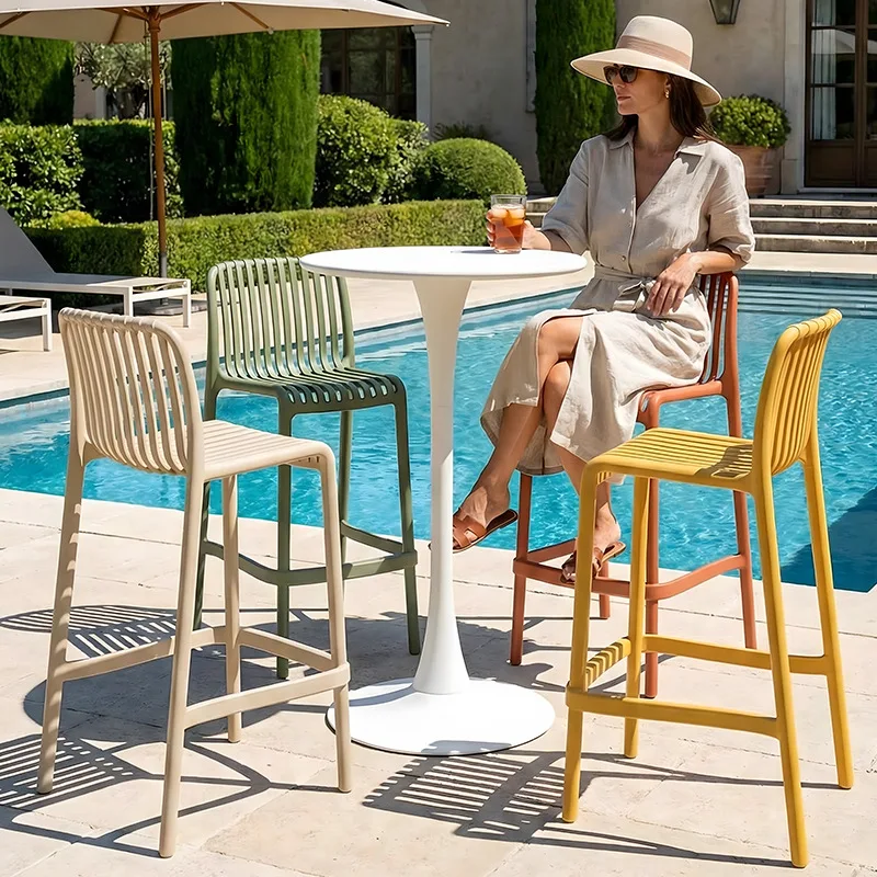 

YFY outdoor fresh and simple vertical strip plastic high chair cafe milk tea shop restaurant can be stacked thickened bar stool