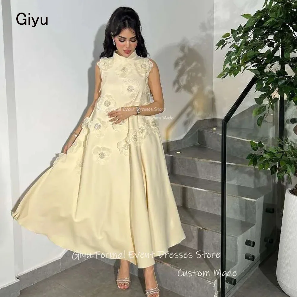 

Giyu Saudi Arabic Women Evening Dresses Yellow 3D Flowers High neck Satin Ankle Length Formal occasion Dress Party Event Gowns