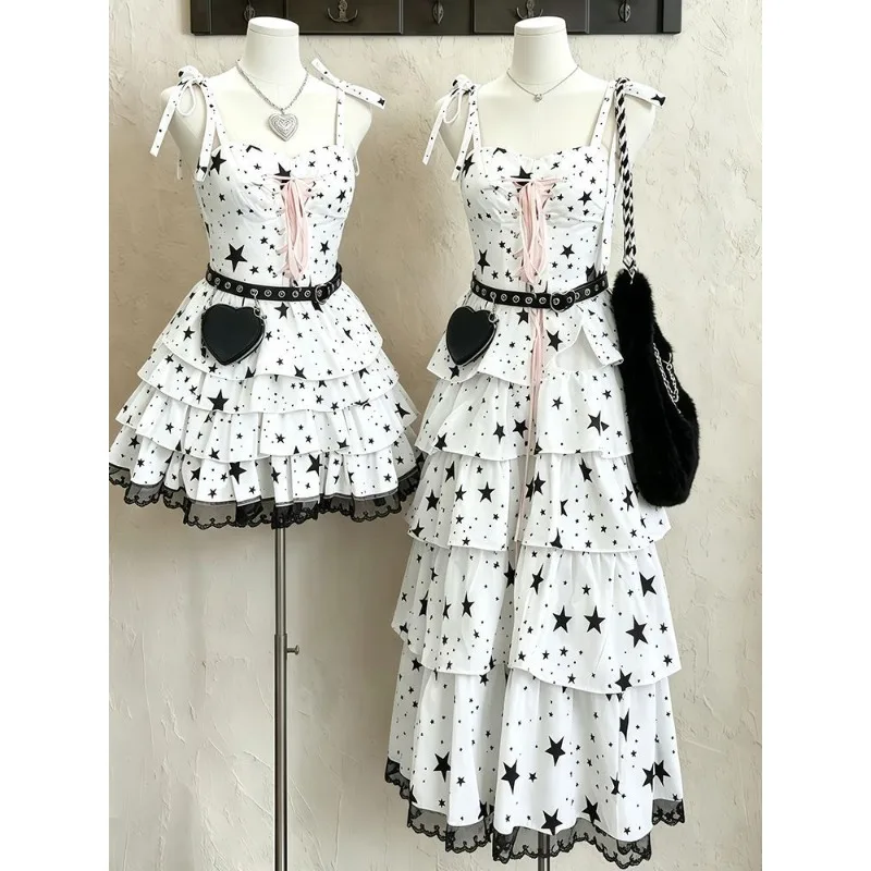 

Japanese Sweet Sleeveless Strap Dress Stars Print Lace Patchwork Y2k Vintage Cake Slip Dress Women Kawaii Long Length Slim