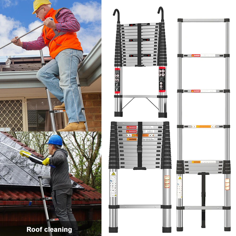 Escalera telescópica de acero inoxidable, carga de 150 kg, conveniente extensible, para tirar paredes, cambio de bombillas, reparación de techos, RV