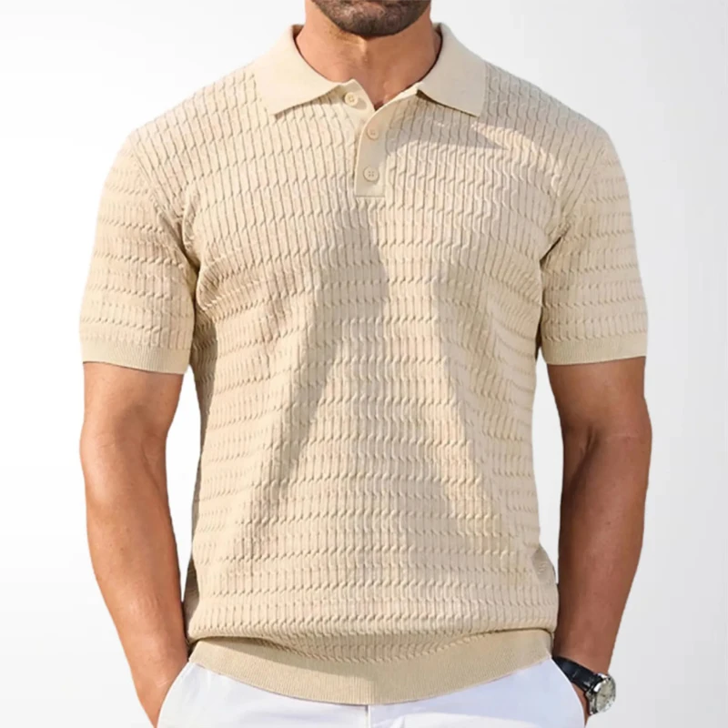 

Trendy Textured Knitted Polo Shirt Men 2026 Summer Fashion Solid Color Slim Polo Shirts New Casual Mens Short Sleeve Knit Jumper