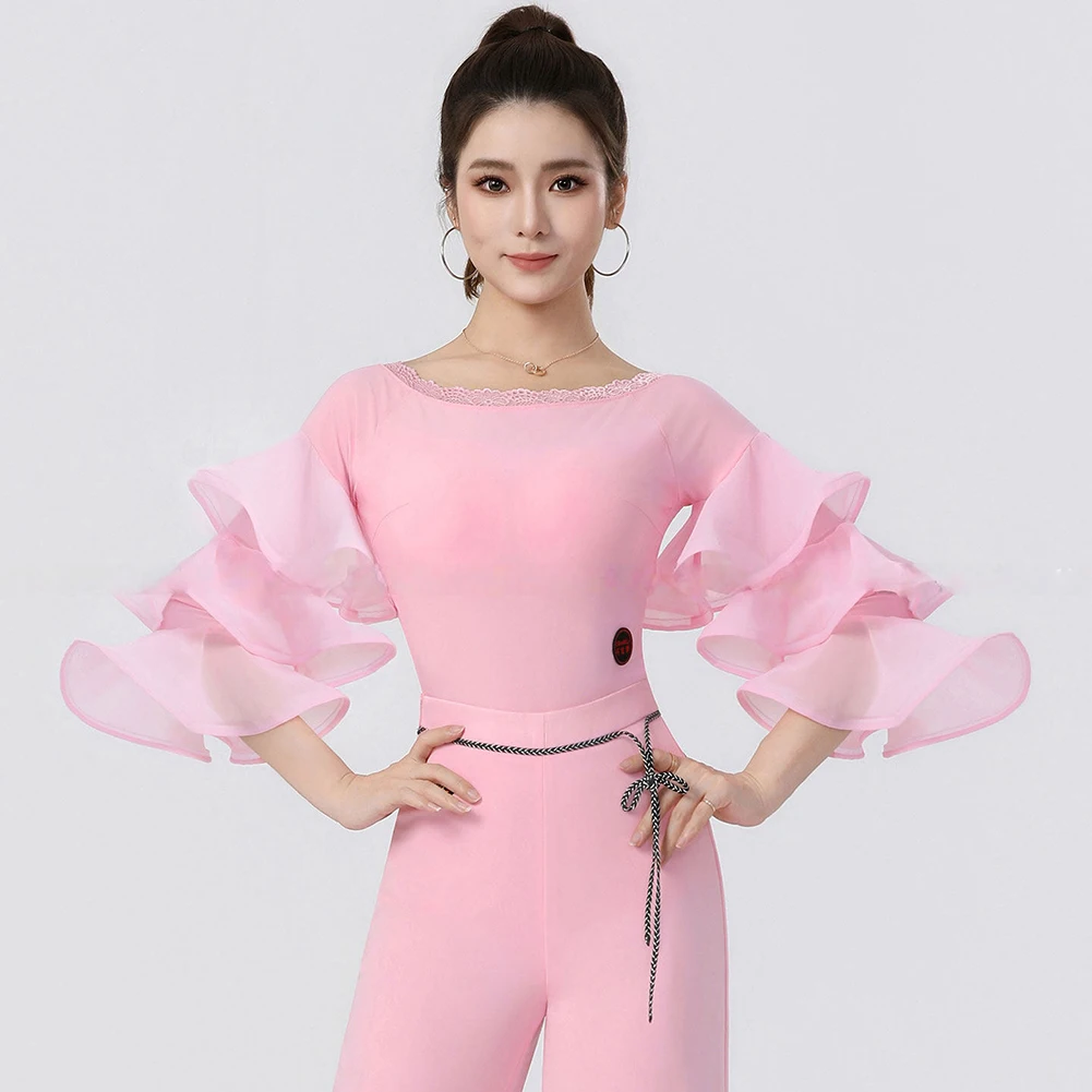 

Horn Sleeve Dance Top Women Top Ballroom Dance Women Top High-End Sense Waltz Ballroom Dress Pink Ruffled jumpsuits