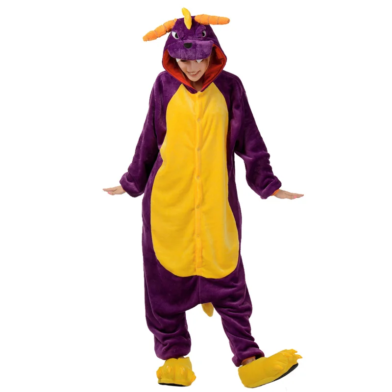 Fialový drak oblečení na spaní noční košile kigurumi dámské prádlo jeden kusu pyžamo domácí oblečení halloween cosplais kostýmy dlouhé rukáv načechraný