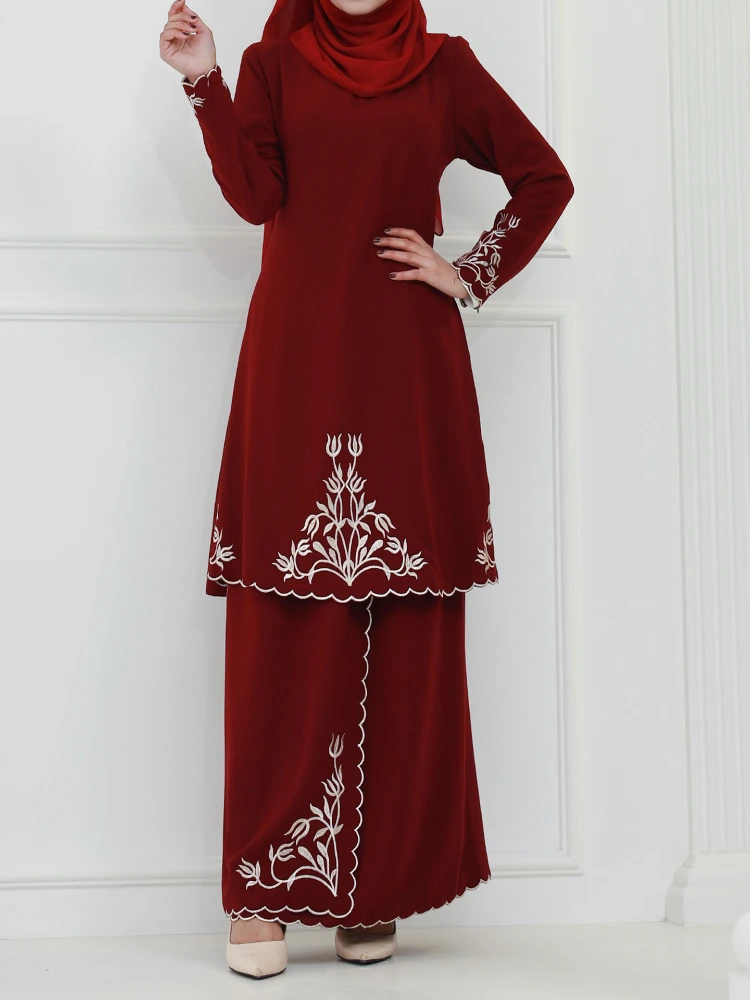 Abaya-Ensemble 2 pièces brodé pour femmes musulmanes, robe en Y assortie avec jupe, fête Kebaya malaisienne, vêtements islamiques modestes pour le