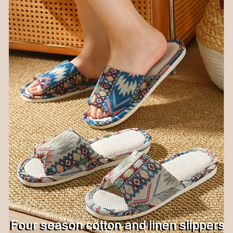 Breathable Cotton Linen House Shoe For Women And Men Quiet Nonslip Indoor Footwear Ethnic Colorful Slippers Open Toe