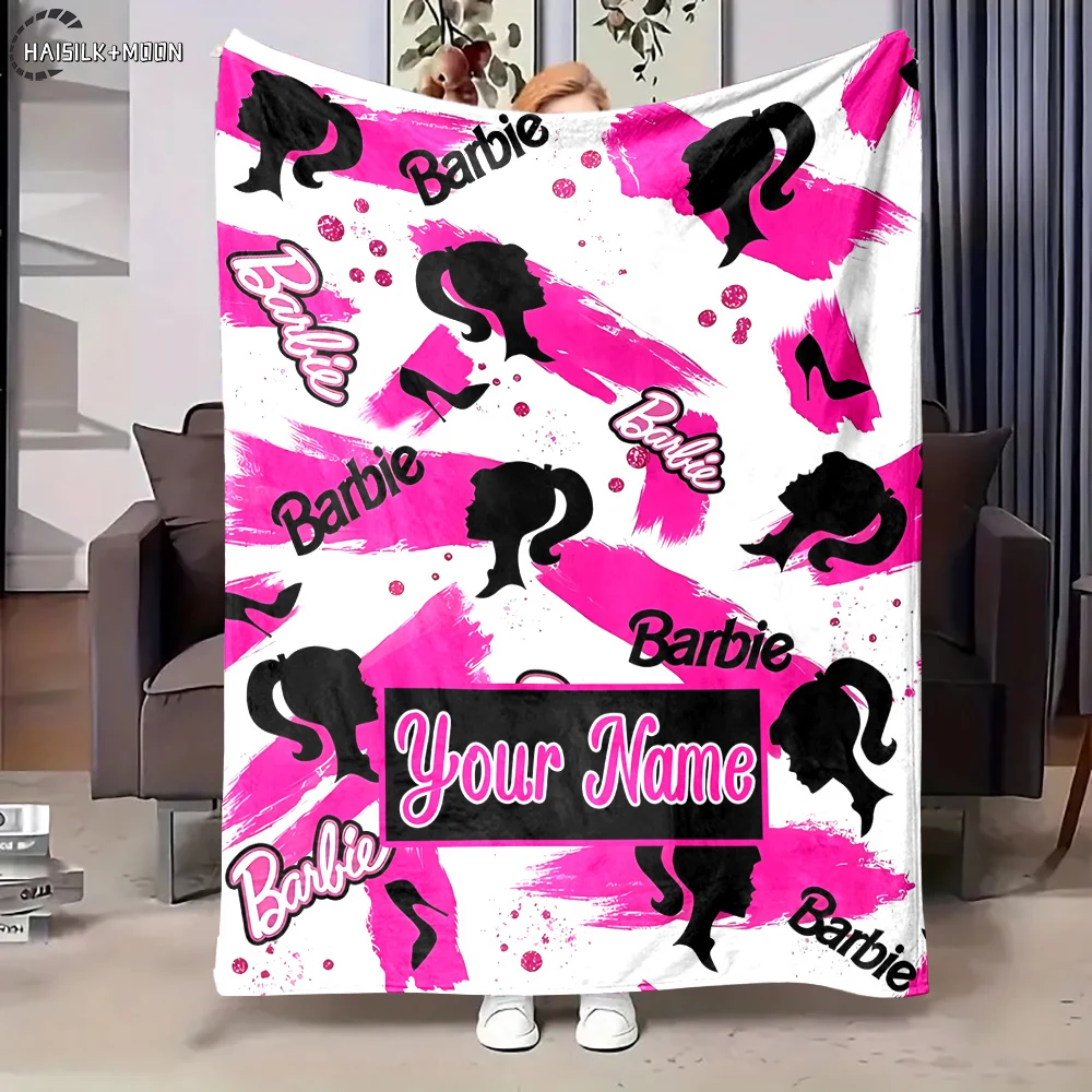 Custom Name Personalized Blanket Barbie Logo Print Adult Children Warm Blankets and Comfortable Blanket Holiday Girl Gifts