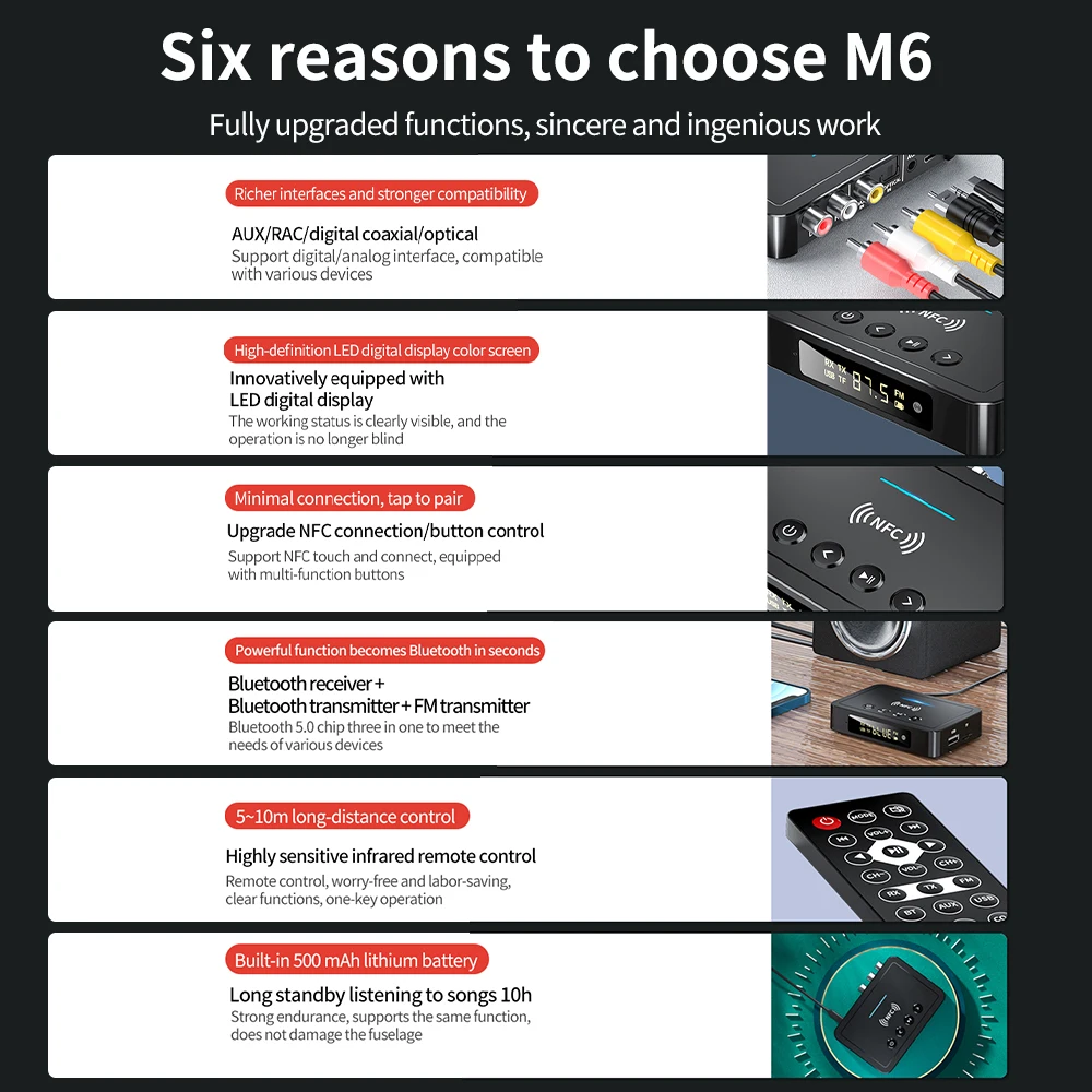 جهاز إرسال واستقبال بلوتوث M6 بلوتوث 5.4 3.5 مللي متر AUX/RCA/USB U القرص/TF المدخلات محول رقمي جهاز تحكم عن بعد عالمي #4
