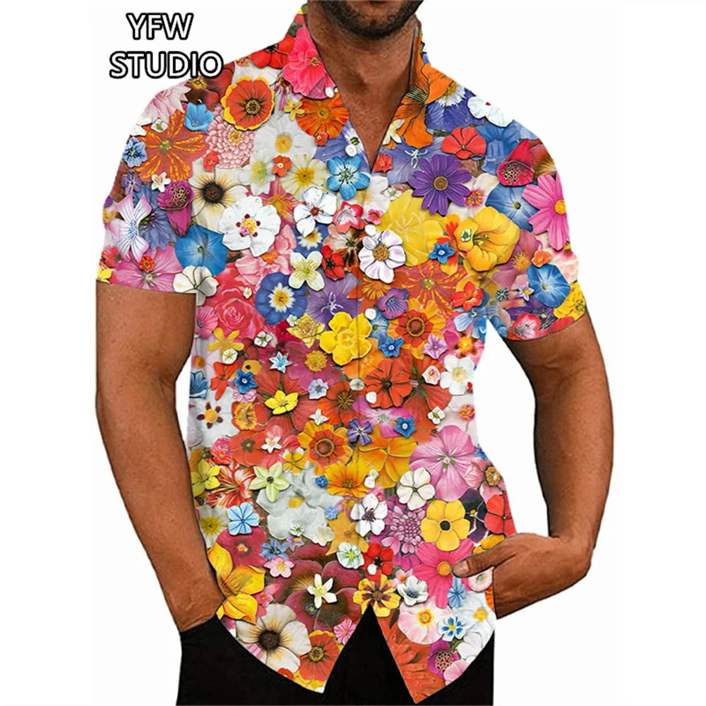 ชายเสื้อดอกไม้รูปแบบเสื้อฮาวายแฟชั่น 3D พิมพ์ Harajuku แขนสั้นปุ่มชายหาดขนาดใหญ่เสื้อบุรุษเสื้อผ้า