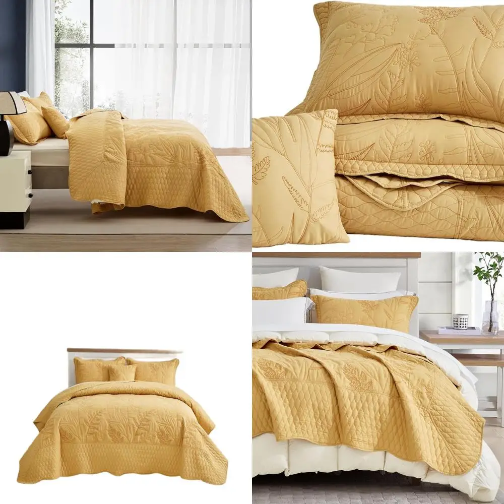 

King Size Oversized Leaves Pattern Quilt Set - Elegant Reversible Bedding Coverlet, Lightweight, 5-Piece, Honey Gold