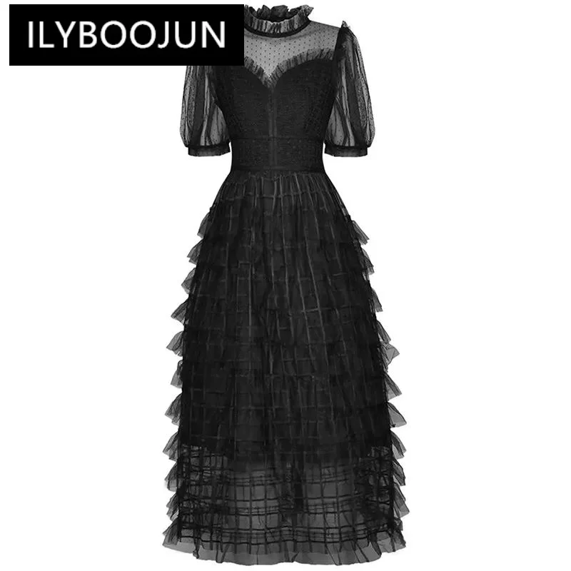 

ILYBOOJUN Fashion Women's New Stand-Up Collar Short-Sleeved Mesh See-Through Tiered Flounced Edge Vintage Ball Gown MIDI Dress