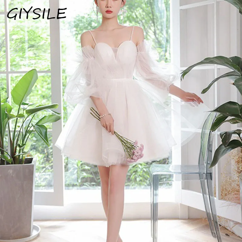 Białe Krótkie Suknie Ślubne Bez Ramiączek Trapezowe Suknie Ślubne Bufiaste Rękawy Suknie na Bal Suknie Formalne Eleganckie Sukienki Wieczorowe Damskie