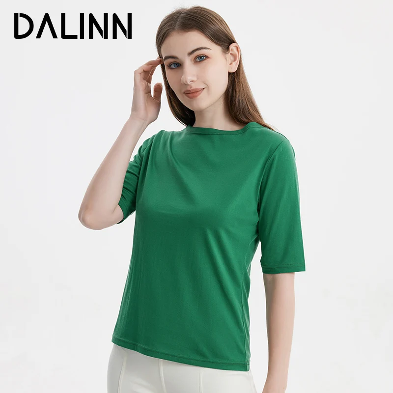 

Woman Casual T Shirts 27%Silk 73%Cotton Slash Neck Cozy Silky Tee 2023 Spring Summer New Bottoms Top DALINN