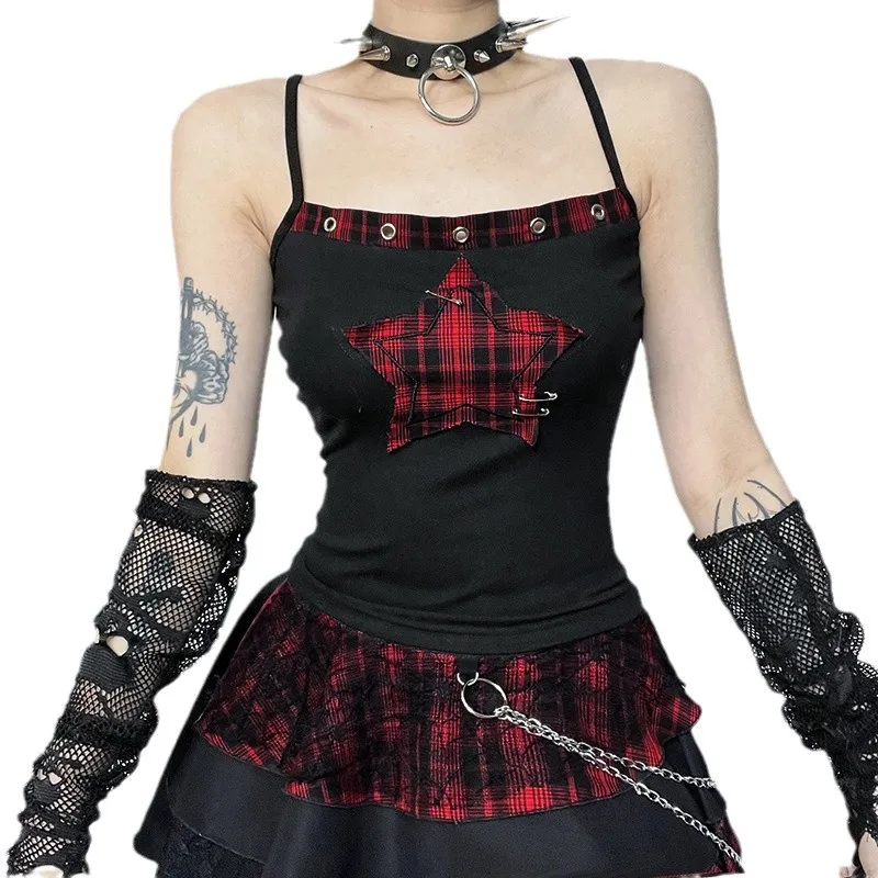 

New Vintage Women's Mall Gothic Cyber Punk Camis Retro Y2k Grunge Hotsweet Plaid Pentagram E-girl Patchwork Crop Tank Tops