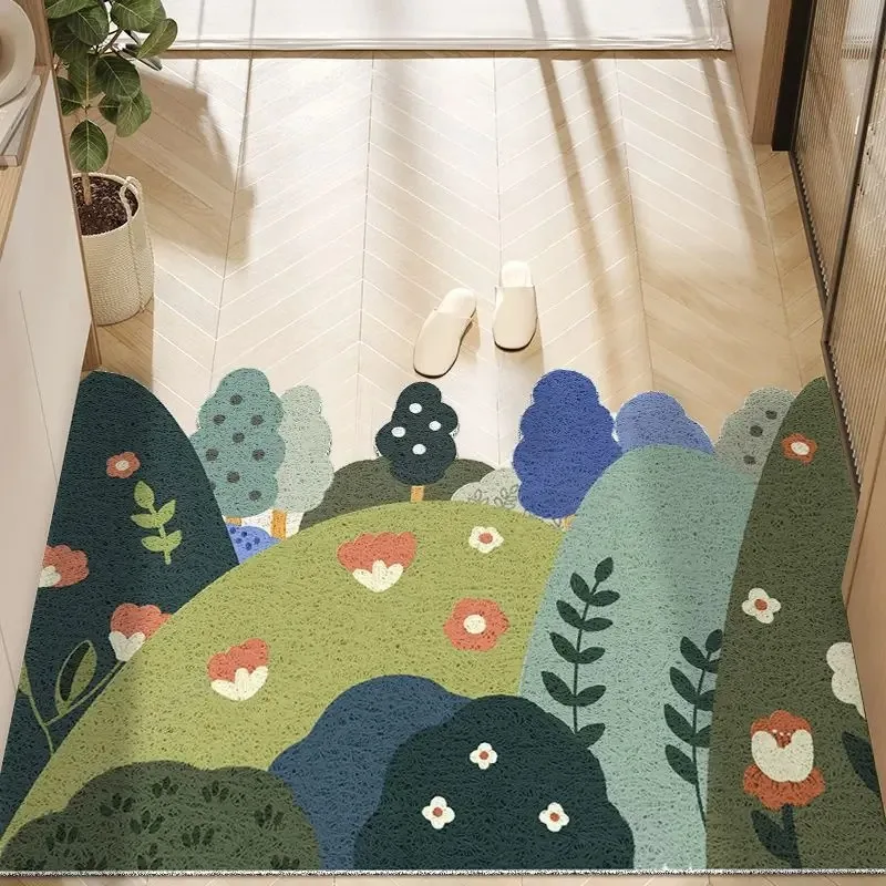 Botanical Plant PVC Silk Ring Door Mat Anti-slip Entrance Rug Washable Cuttable Anti-dust Dirt Trapper Entryway Floor Mat