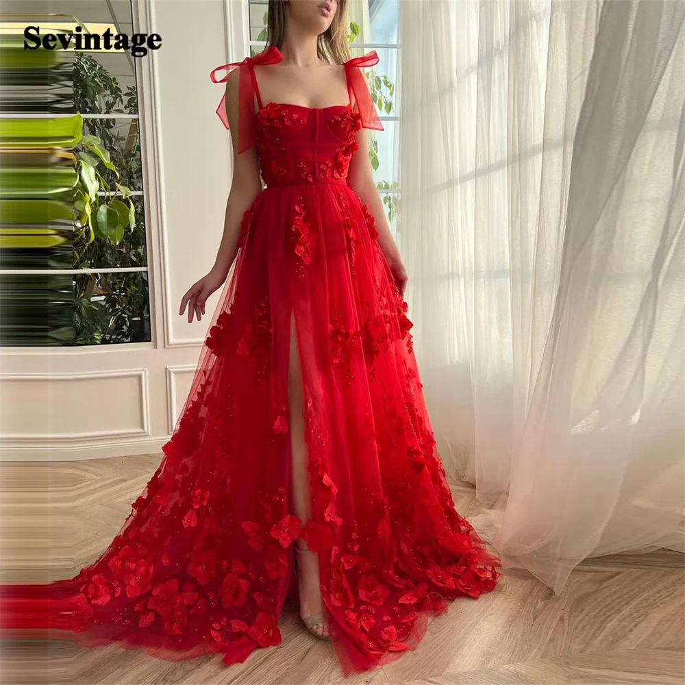 

Sevintage Red Tulle Prom Gowns For Women 3d Flower Spaghetti Strap Long Evening Dresses Prom Party Bridesmaid Gowns 2023