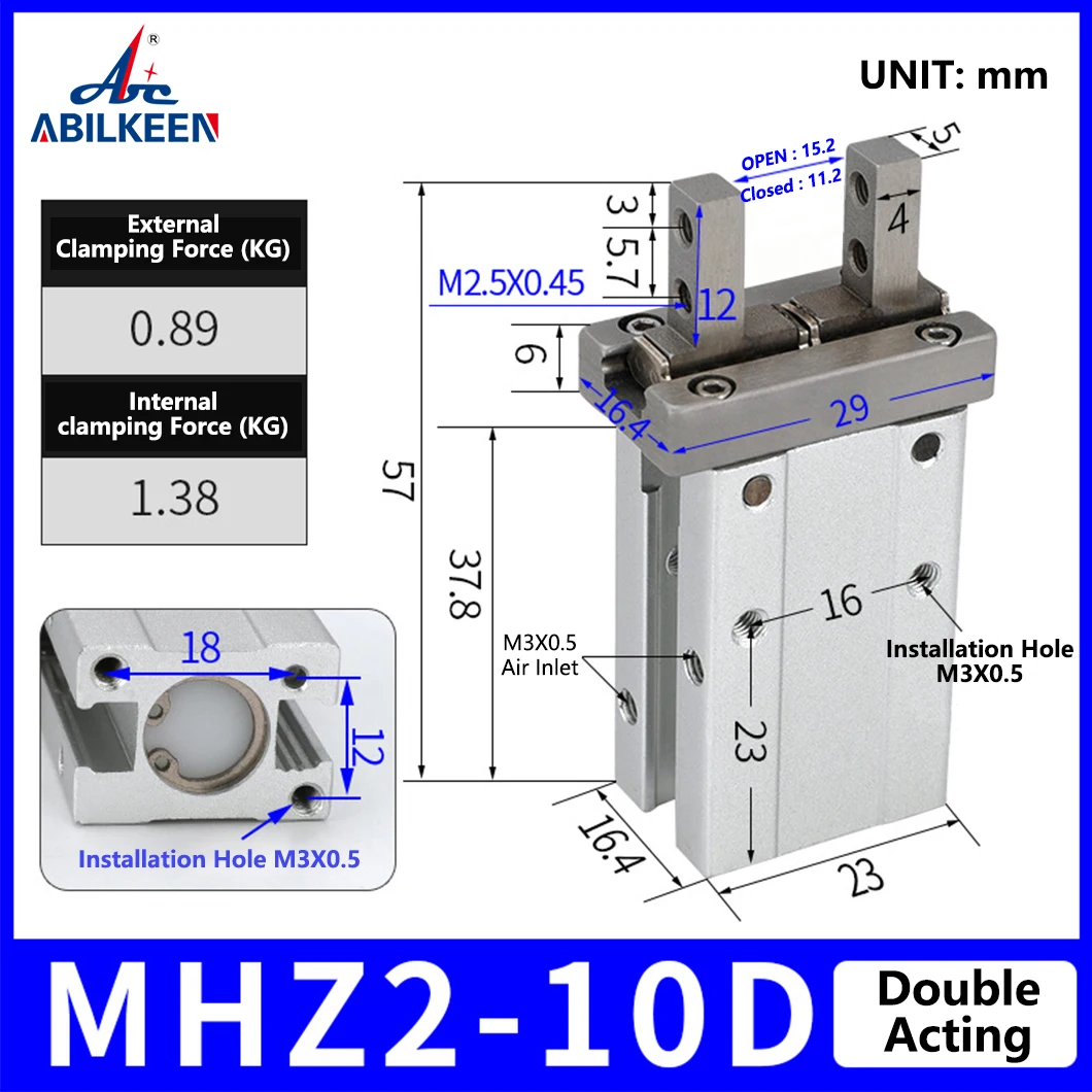 ABILKEEN MHZ2-10D Parallel Claw Pneumatic Claw Mechanical Finger Cylinder 10MM Bore Size Double Acting Pneumatic Cylinder