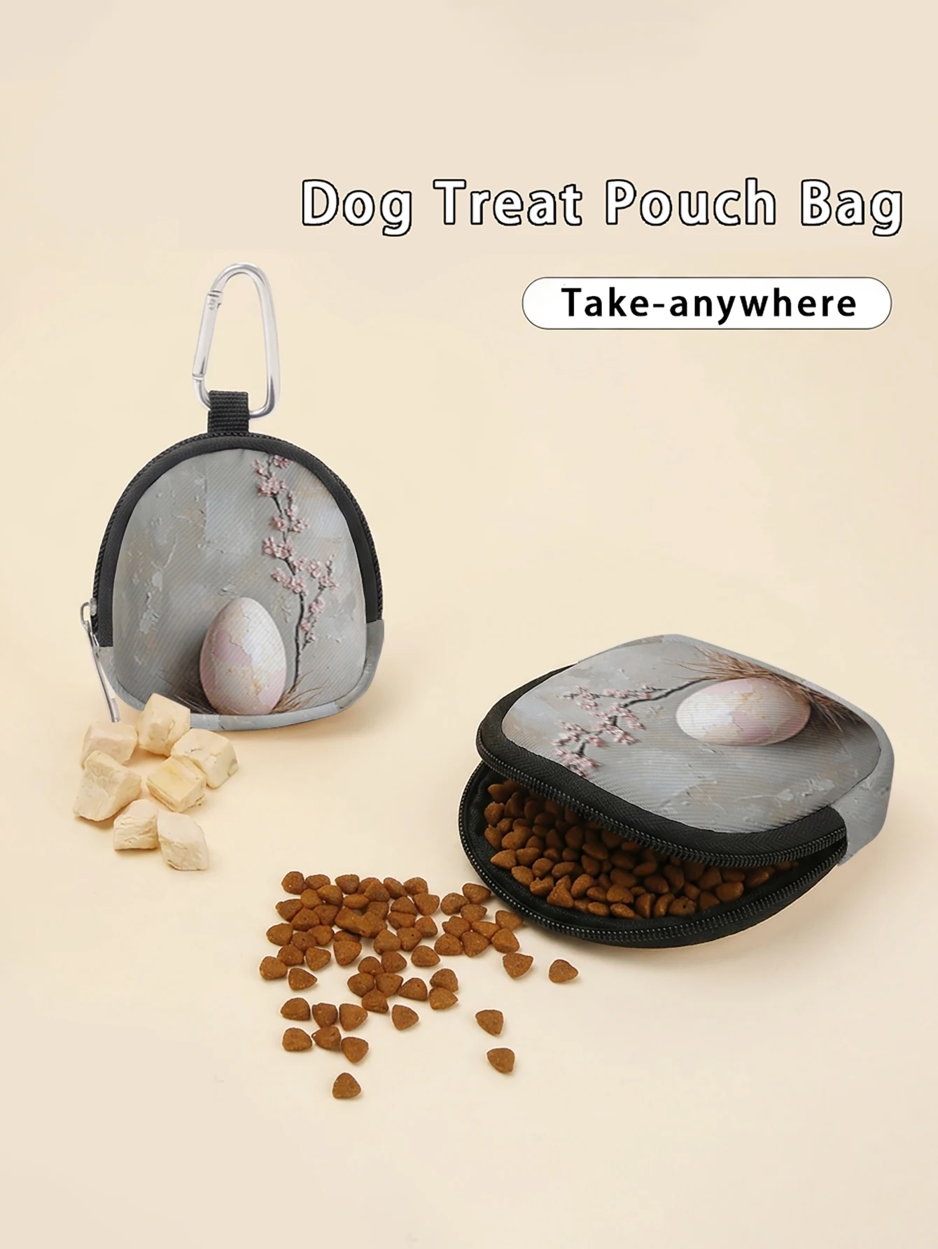 Easter Egg Cherry Blossom Print Dog Treat Pouch With Carabiner Zipper Pet Training Snack Bag For Walking