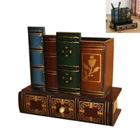Pen Holder Vintage Book Model Office Desk Storage Box Library Book Shaped Pencil Cup Wooden Pencil Holders Stand with Drawer