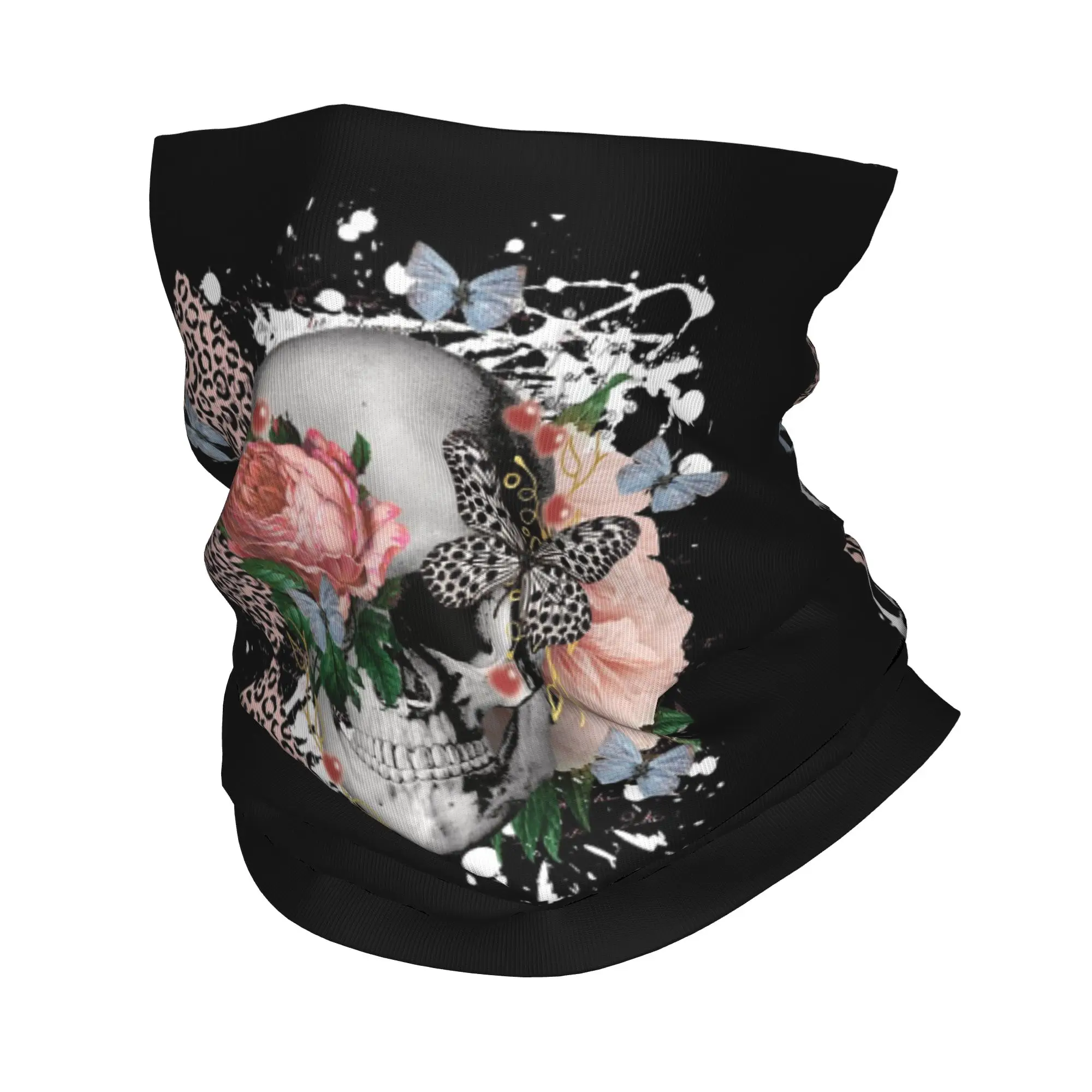 Skull with Pink Floral and Butterfly Accent Bandana Neck Gaiter Printed Wrap Mask Scarf Multi-use Balaclava Running Unisex Adult