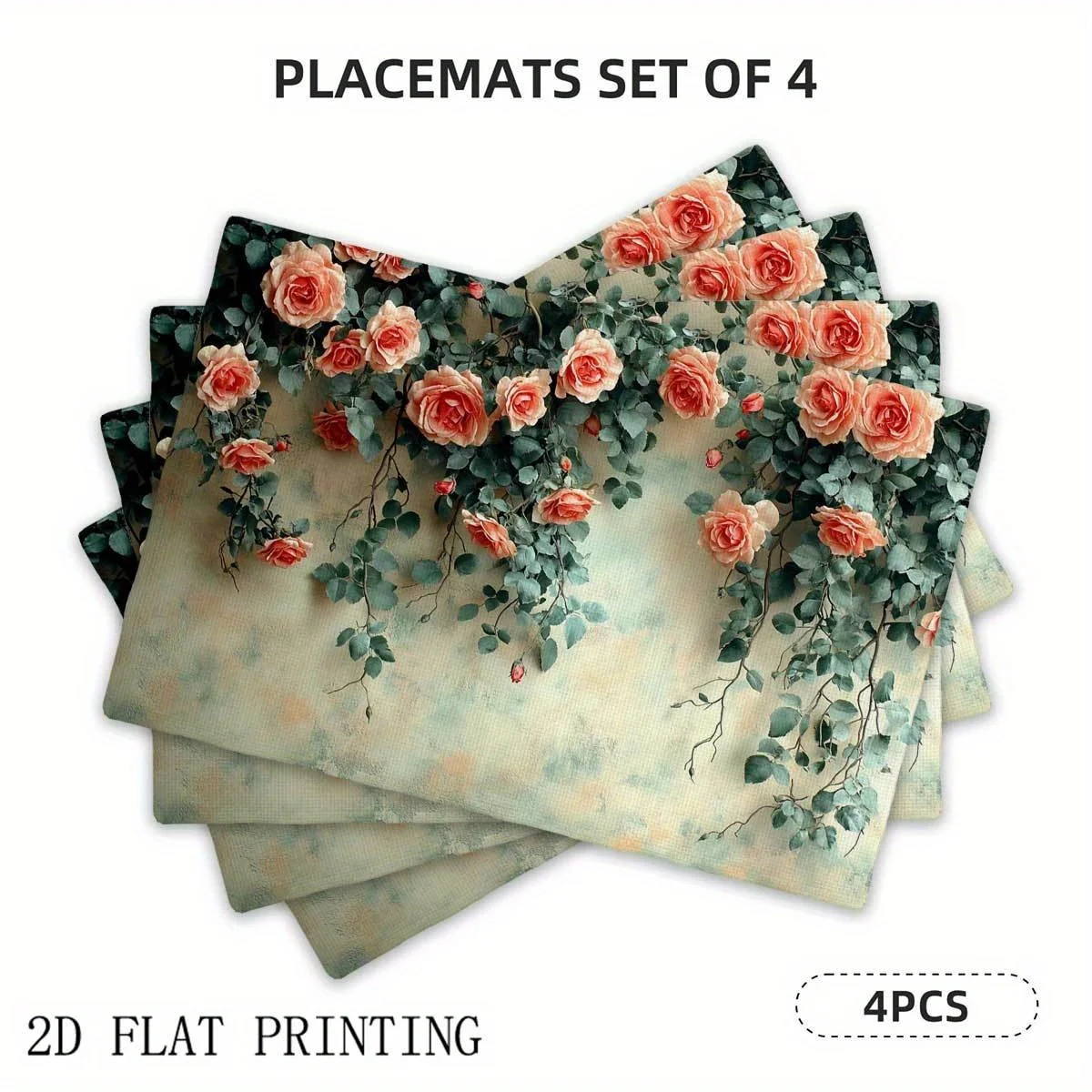 

4pcs/6pcs Vintage Roses Floral Linen Placemats - Rectangular Kitchen & Dining Table Mats with Pink Peach Roses & Green Vines