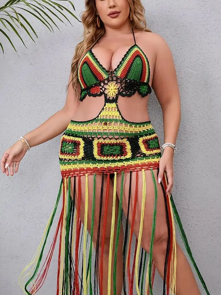 Plus Size Super Long Tassel Summer Dress Maxi Frnge Bathing Suit Beach Outfits Crochet Cover-Ups Beachwear Female Long Dress