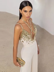 2023 New Summer Women's Sexy Backless Sleeveless Luxury Crystal Diamond V-Neck Tight White Tight Bandage Jumpsuit