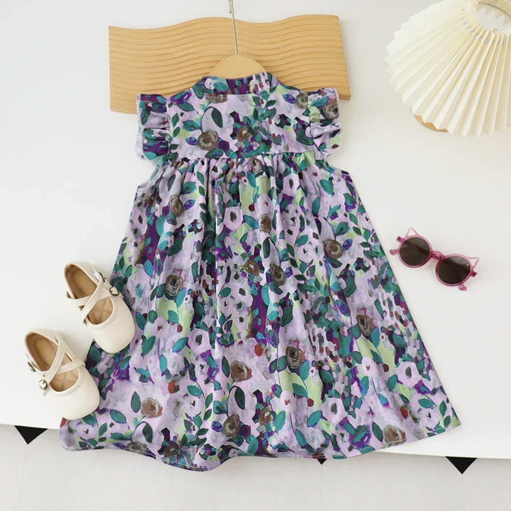 Новое летнее платье с летающими рукавами и круглым вырезом для девочек, модное детское платье с принтом, детские платья для девочек
